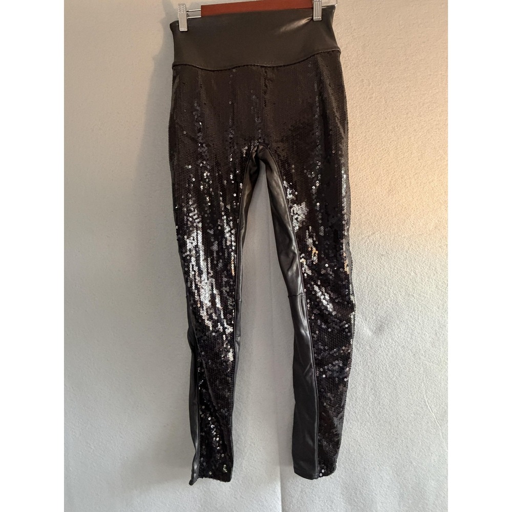 Spanx Leggings Womens Medium Black Sequin Faux Leather Ankle High Rise Shaping